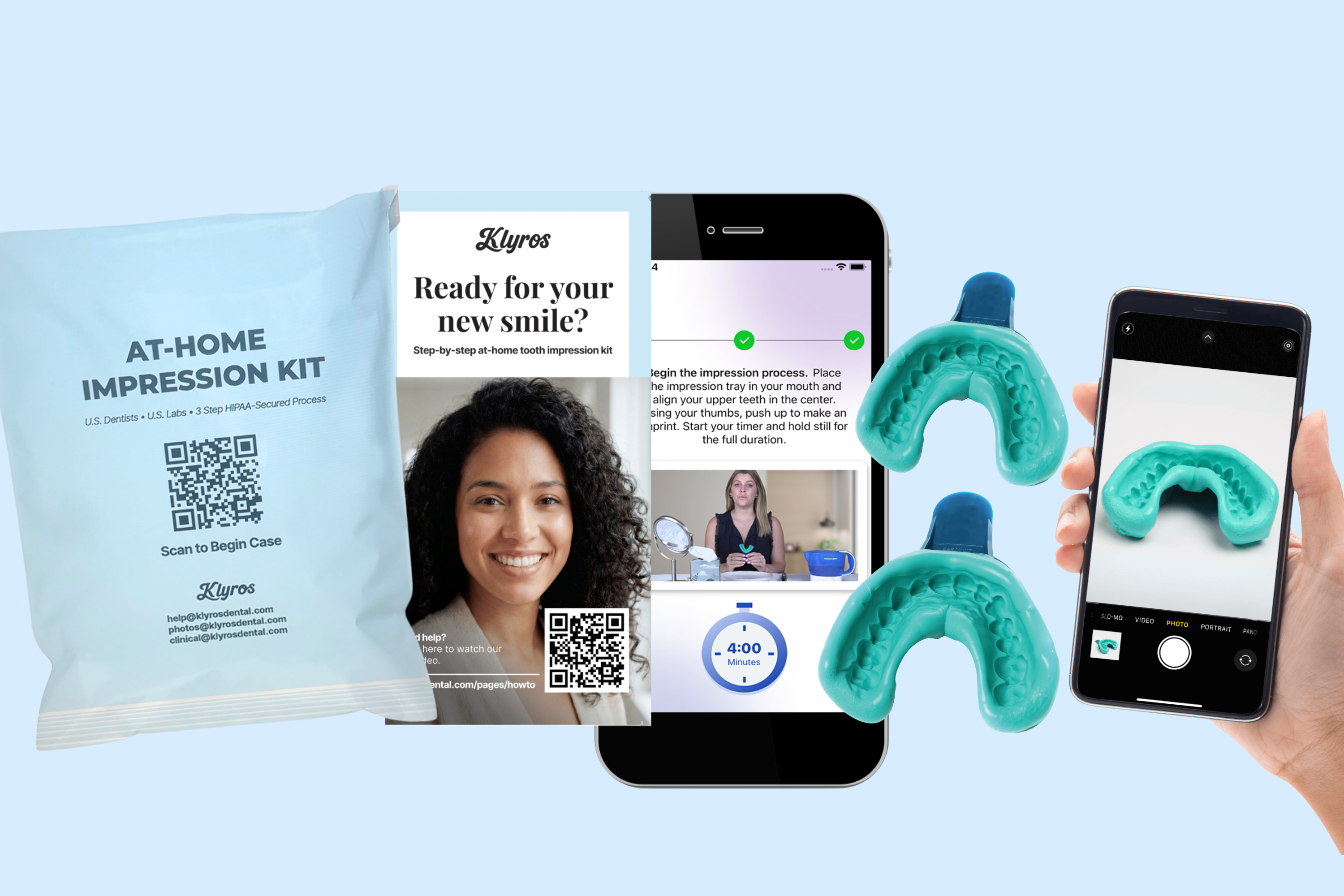 At-home impression kit with instructions, trays, and iPhone